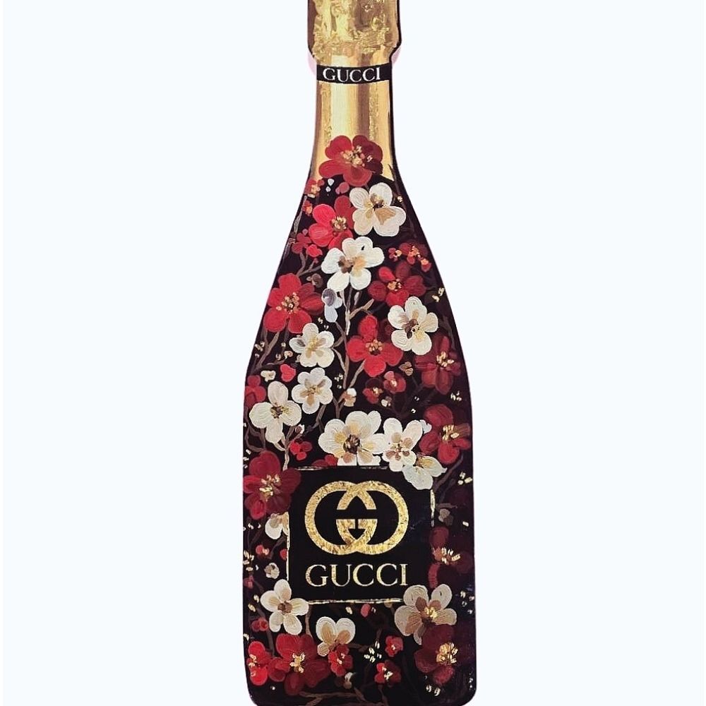 At Home Gucci Floral Bottle Art with Goldā Accents Wood Decor
